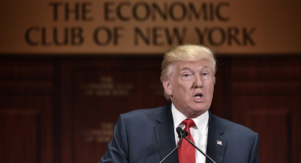 Donald Trump speaks at an event hosted by The Economic Club of New York at the Waldorf Astoria Hotel in New York